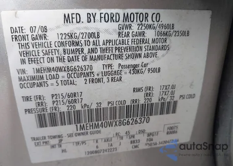 2008 Mercury Sable из США, поврежденный, VIN 1MEHM40WX8G626370